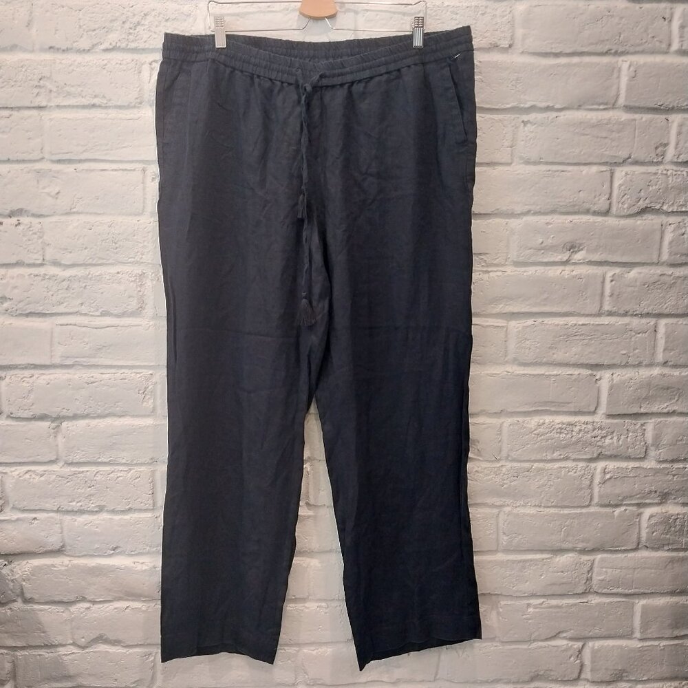 Talbots 100% Linen Pants Women 18 W Navy Blue Tie Elastic Waist Pockets Wide Leg